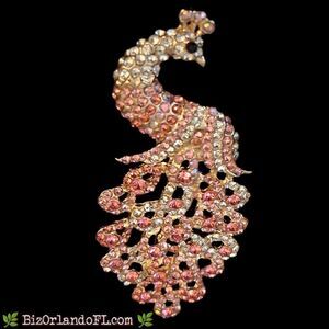 Large Pink Rhinestone Peacock Brooch Pin Pendant Gold Tone Statement Bird 3.5"